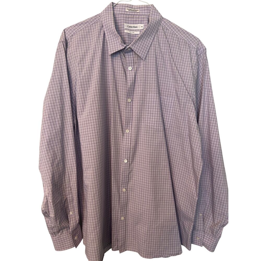 Calvin Klein Purple Check Long Sleeve Dress Shirt Non Iron Mens Size XXL